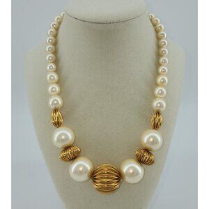 Vintage Signed NAPIER Graduated Faux Pearl/ Large Gold Bead Chain Necklace Heavy
